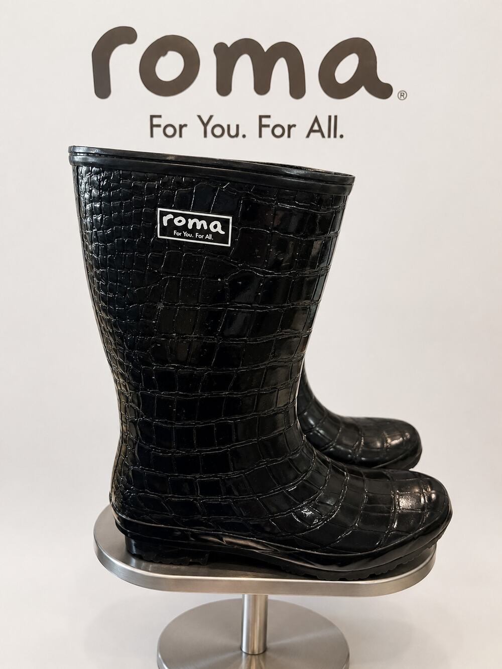 ROMA Emma Mid Black Croc Emboss Waterproof Rain Boots Women’s 7 EU 38